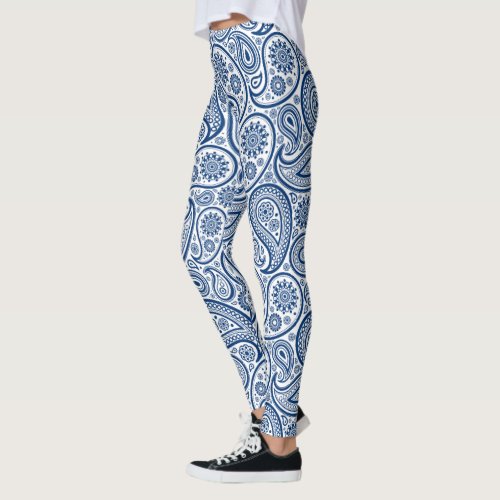 Navy_blue and white vintage paisley pattern leggings