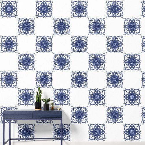 Navy Blue and White Watercolor Mediterranean Tile  Wallpaper