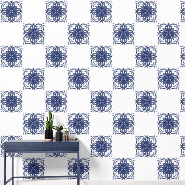 Navy Blue and White Watercolor Mediterranean Tile  Wallpaper (Creator Uploaded)
