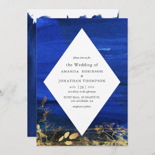 Navy Blue and White Watercolor Wash Wedding Invitation