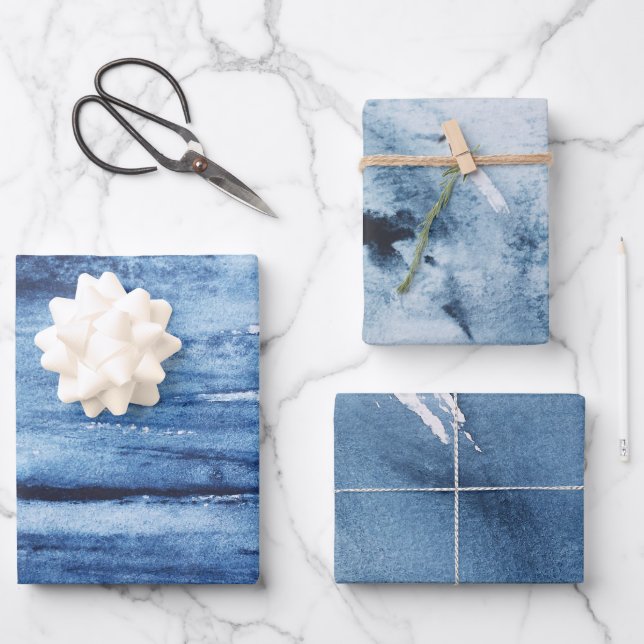 Navy Blue And White Watercolour Painterly Abstract Wrapping Paper Sheets (Front)