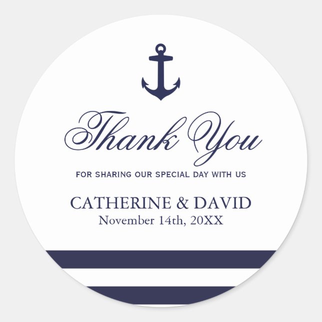 Navy Blue and White Wedding Favor Anchor Stickers (Front)