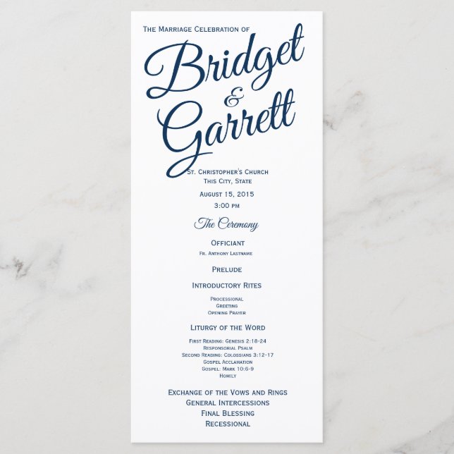 Navy Blue and White Wedding Program (Front)