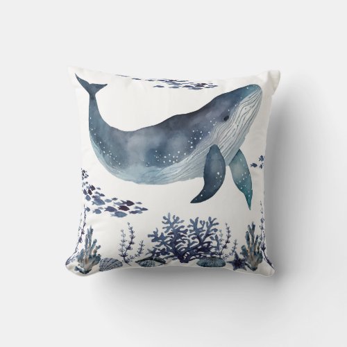 Navy Blue And White Whale And Seashells  Throw Pillow