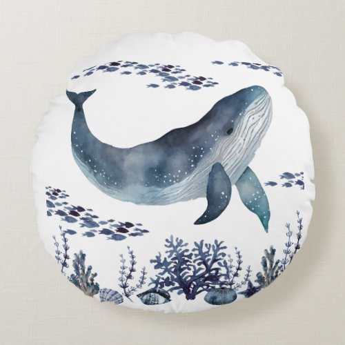 Navy Blue And White Whale Nautical Round Pillow