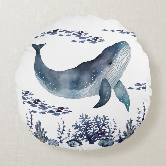 Navy Blue And White Whale Nautical Round Pillow (Front)