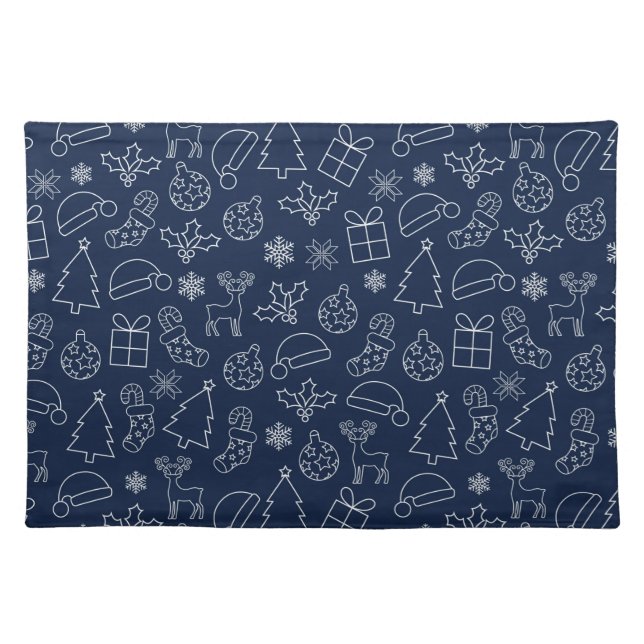 Navy Blue and White Winter Christmas Pattern Cloth Placemat (Front)