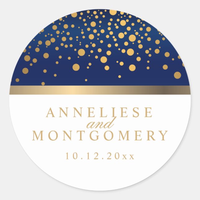 Navy Blue and White with Gold Confetti Dots Classic Round Sticker (Front)
