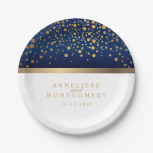 Navy Blue and White with Gold Confetti Dots Paper Plates