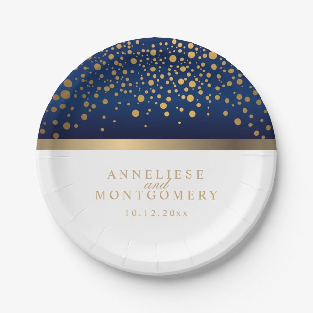 Navy Blue and White with Gold Confetti Dots Paper Plates (Front)