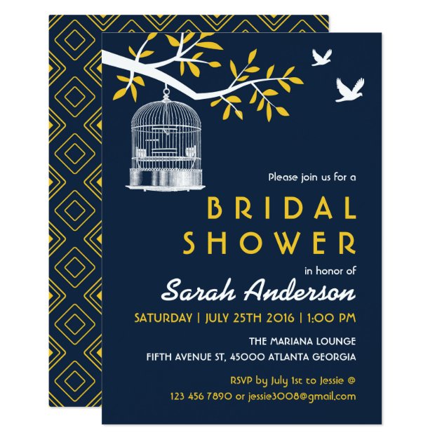 Navy Blue And Yellow Bird Cage On Tree Invitation