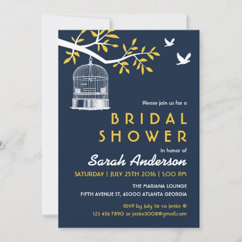 Navy Blue and Yellow Bird Cage on Tree Invitation