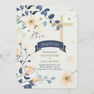 Navy Blue and Yellow Blossoms Christian Baptism Invitation