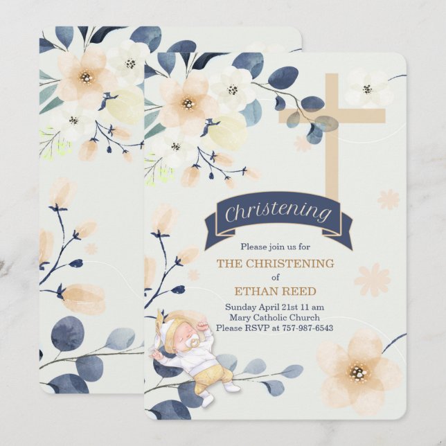 Navy Blue and Yellow Blossoms Cross Christening Invitation (Front/Back)