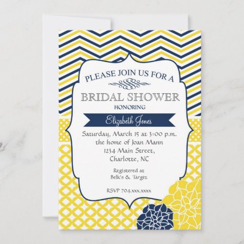 Navy Blue and Yellow  Bridal shower Invitation