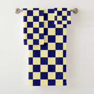 Navy Blue and Yellow Checkerboard Pattern Bath Towel Set