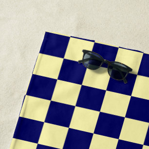 Navy Blue and Yellow Checkerboard Pattern Beach Towel
