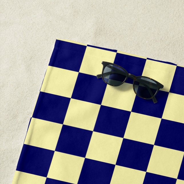 Navy Blue and Yellow Checkerboard Pattern Beach Towel (In Situ)