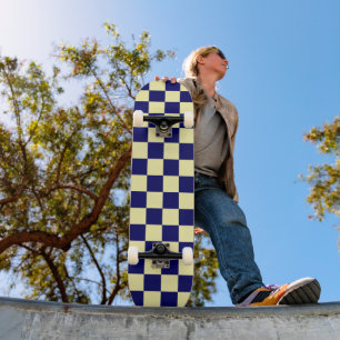 Navy Blue and Yellow Checkerboard Pattern Skateboard