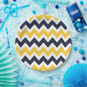 Navy Blue and Yellow Chevron Paper Plates