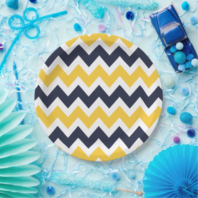 Navy Blue and Yellow Chevron Paper Plates (Party)