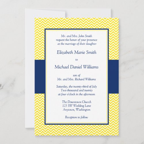 Navy Blue and Yellow Chevron Wedding Invitations