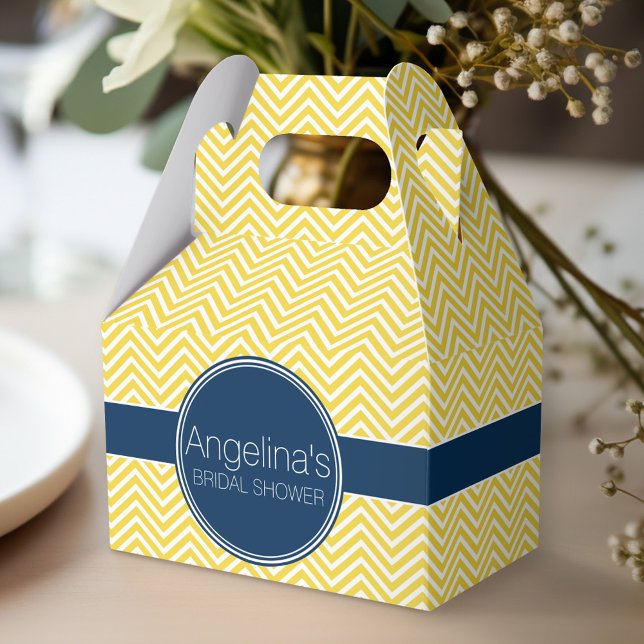 Navy Blue and Yellow Chevrons Bridal Shower Favor Boxes (Personalized favor box - monogram wedding shower)
