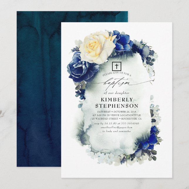 Navy Blue and Yellow Floral Elegant Baptism Invitation (Front/Back)