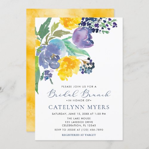 Navy Blue and Yellow Floral Modern Bridal Brunch Invitation