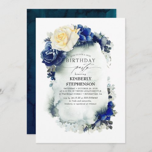 Navy Blue and Yellow Floral Vintage Birthday Invitation