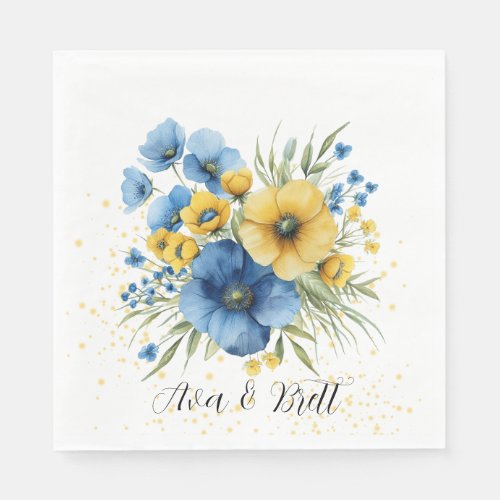 Navy Blue and Yellow Florals Gold Glitter Wedding Napkins