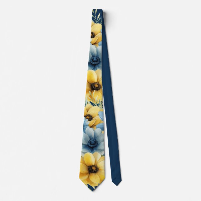 Navy Blue and Yellow Florals Gold Glitter Wedding Neck Tie (Front)