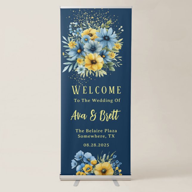 Navy Blue and Yellow Florals Gold Wedding Retractable Banner (Front)
