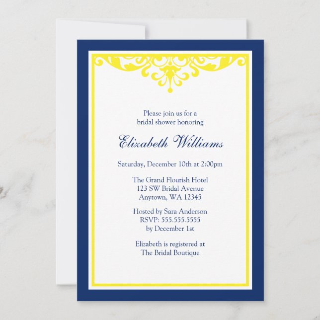Navy Blue and Yellow Flourish Bridal Shower Invitation (Front)