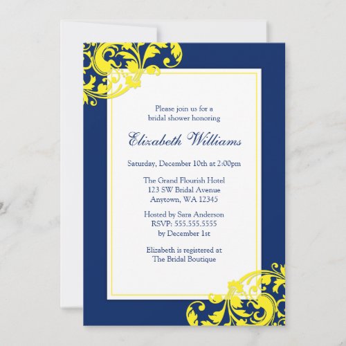 Navy Blue and Yellow Flourish Swirls Bridal Shower Announcement