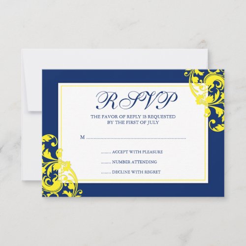 Navy Blue and Yellow Flourish Swirls Response Card