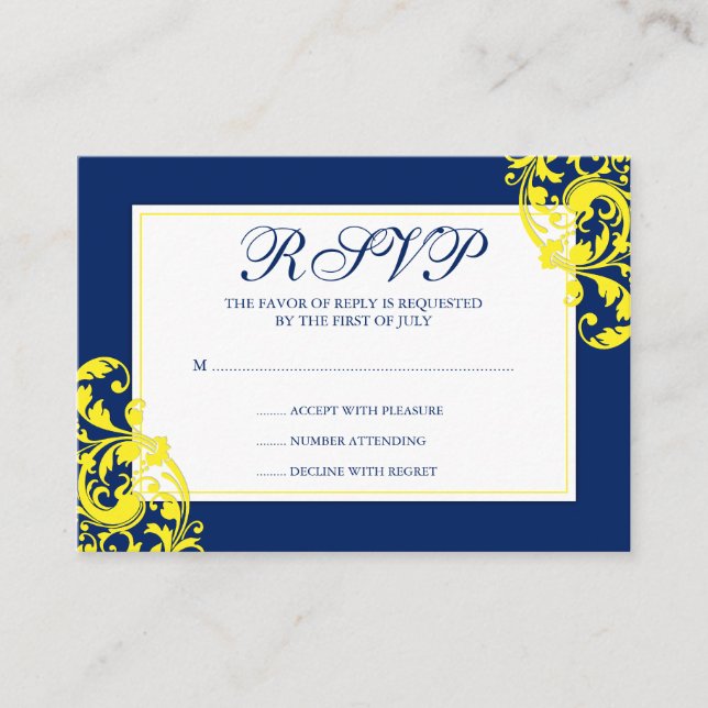 Navy Blue and Yellow Flourish Swirls RSVP Enclosure Card (Front)