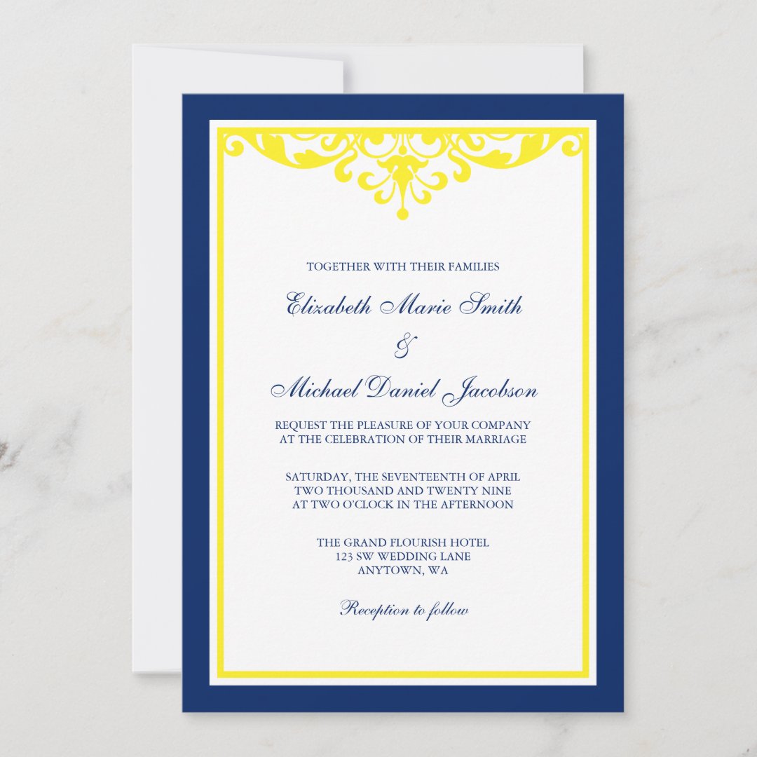 Navy Blue and Yellow Flourish Wedding Invitation | Zazzle