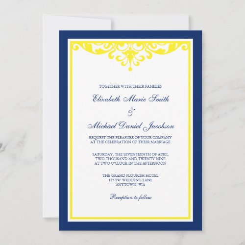 Navy Blue and Yellow Flourish Wedding Invitation