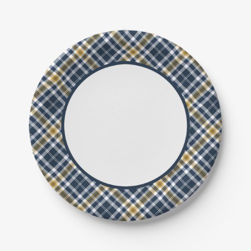 Navy Blue and Yellow Gold Sporty Plaid Border Paper Plates