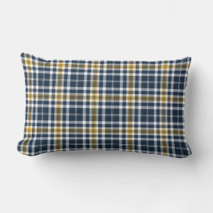 Navy Blue and Yellow Gold Sporty Plaid Lumbar Pillow