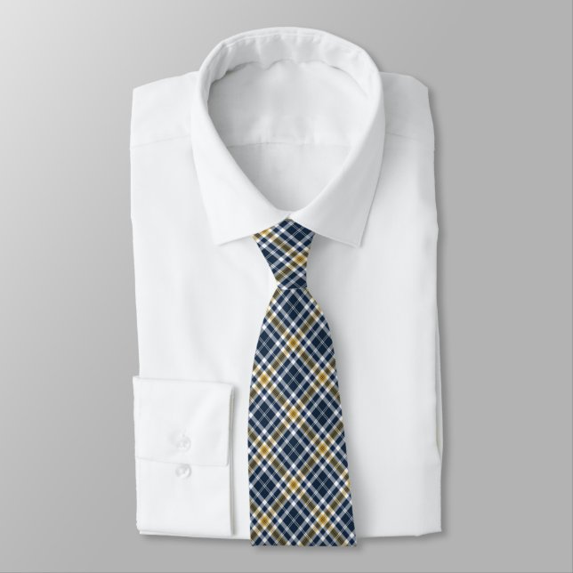 Navy Blue and Yellow Gold Sporty Plaid Neck Tie (Tied)