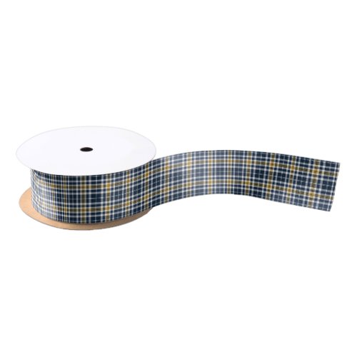 Navy Blue and Yellow Gold Sporty Plaid Satin Ribbon
