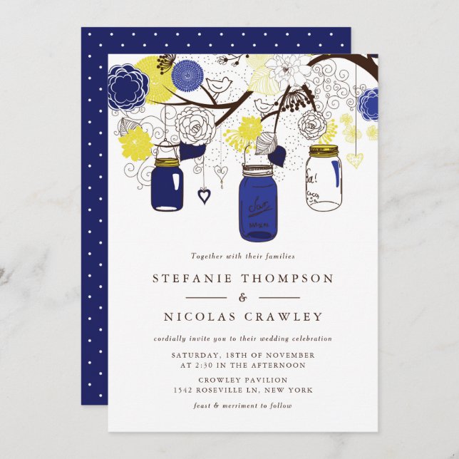 Navy Blue and Yellow Hanging Mason Jars Wedding Invitation (Front/Back)