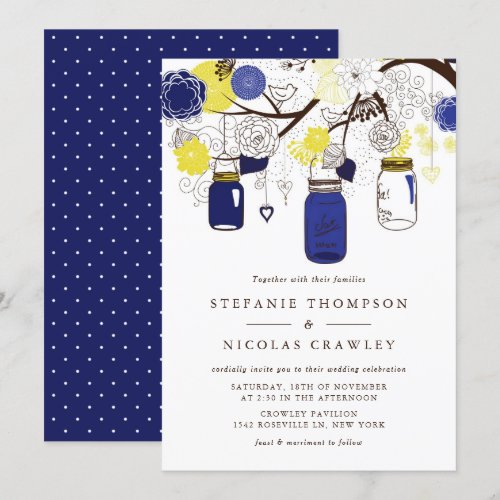 Navy Blue and Yellow Mason Jars Wedding Invitation