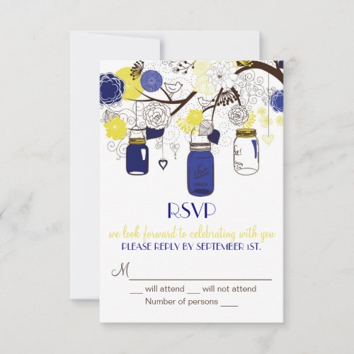 Navy Blue and Yellow Mason Jars RSVP Invitation