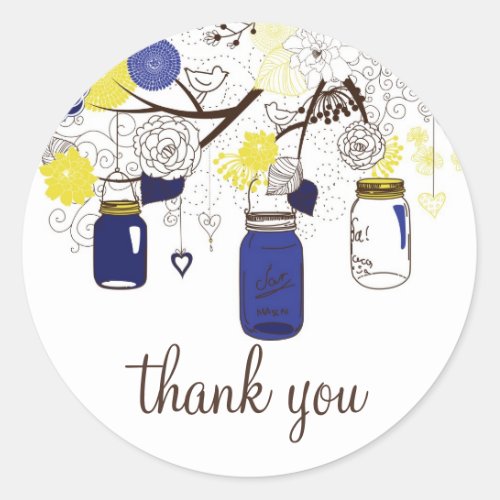 Navy Blue and Yellow Mason Jars Thank You Sticker
