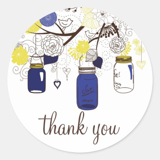 Navy Blue and Yellow Mason Jars Thank You Sticker (Front)