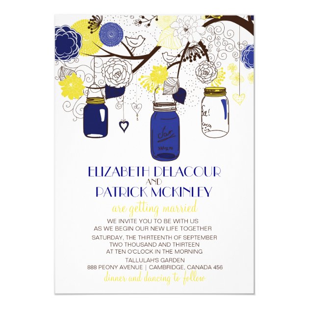 Navy Blue And Yellow Mason Jars Wedding Invitation