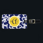 Navy Blue and Yellow Monogrammed Damask Print Luggage Tag<br><div class="desc">Navy Blue and Yellow Monogrammed Damask Print</div>